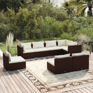 vidaXL 8-delige Loungeset met kussens poly rattan bruin