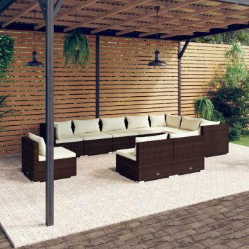 vidaXL 10-delige Loungeset met kussens poly rattan bruin