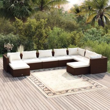 vidaXL 9-delige Loungeset met kussens poly rattan bruin