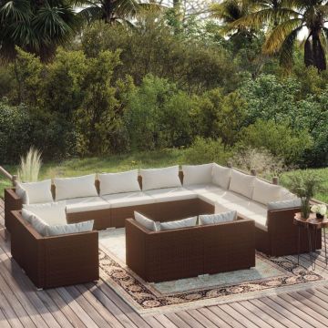 vidaXL 12-delige Loungeset met kussens poly rattan bruin