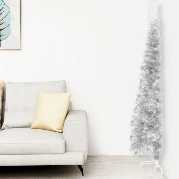 vidaXL Kunstkerstboom half met standaard smal 210 cm zilverkleurig