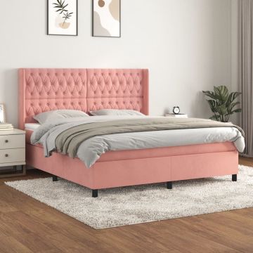 vidaXL Boxspring met matras fluweel roze 180x200 cm