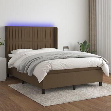 vidaXL Boxspring met matras en LED stof donkerbruin 140x200 cm