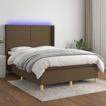 vidaXL Boxspring met matras en LED stof donkerbruin 140x190 cm