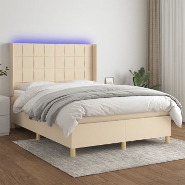 vidaXL Boxspring met matras en LED stof crèmekleurig 140x190 cm