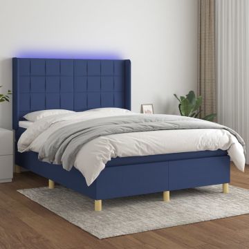 vidaXL Boxspring met matras en LED stof blauw 140x190 cm