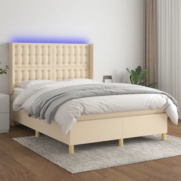 vidaXL Boxspring met matras en LED stof crèmekleurig 140x190 cm