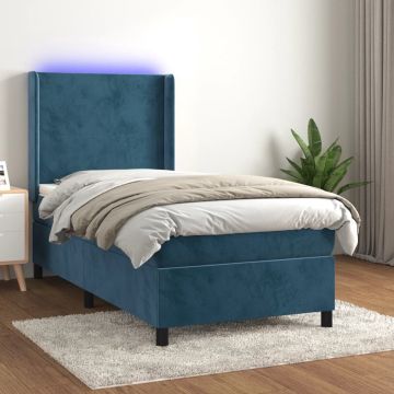 vidaXL Boxspring met matras en LED fluweel donkerblauw 90x190 cm