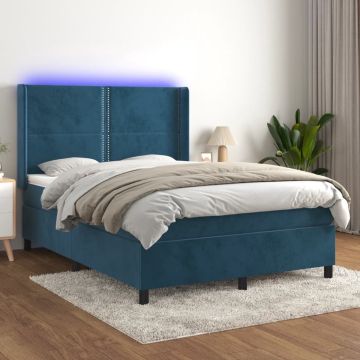 vidaXL Boxspring met matras en LED fluweel donkerblauw 140x200 cm