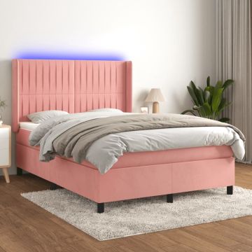 vidaXL Boxspring met matras en LED fluweel roze 140x190 cm