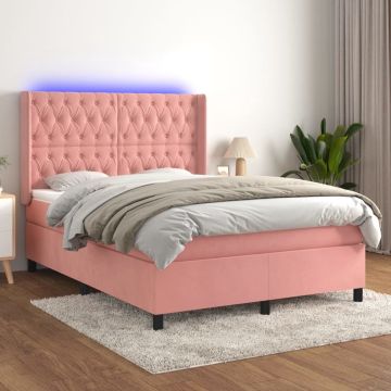 vidaXL Boxspring met matras en LED fluweel roze 140x190 cm