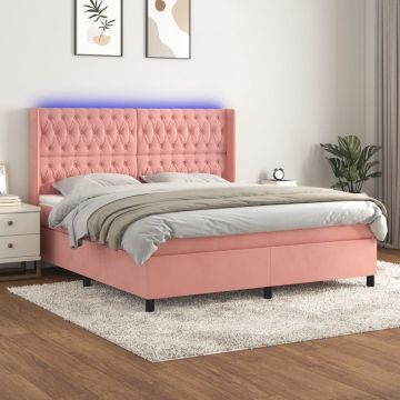 vidaXL Boxspring met matras en LED fluweel roze 160x200 cm