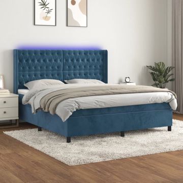 vidaXL Boxspring met matras en LED fluweel donkerblauw 180x200 cm