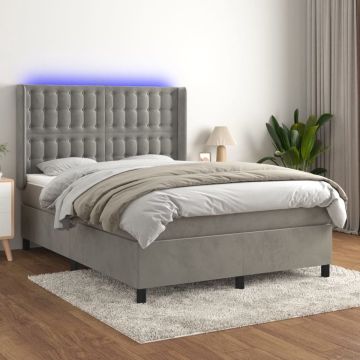 vidaXL Boxspring met matras en LED fluweel lichtgrijs 140x190 cm