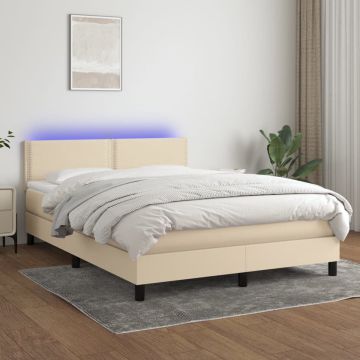 vidaXL Boxspring met matras en LED stof crèmekleurig 140x190 cm