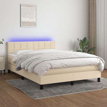 vidaXL Boxspring met matras en LED stof crèmekleurig 140x190 cm