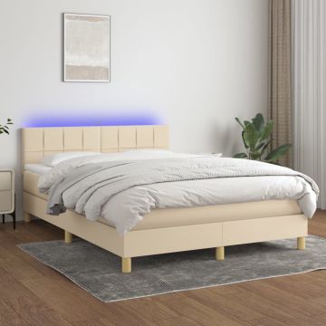 vidaXL Boxspring met matras en LED stof crèmekleurig 140x200 cm