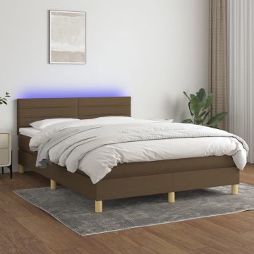 vidaXL Boxspring met matras en LED stof donkerbruin 140x200 cm