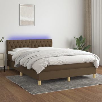 vidaXL Boxspring met matras en LED stof donkerbruin 140x200 cm