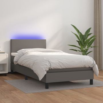 vidaXL Boxspring met matras en LED kunstleer grijs 90x200 cm