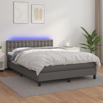 vidaXL Boxspring met matras en LED kunstleer grijs 140x200 cm