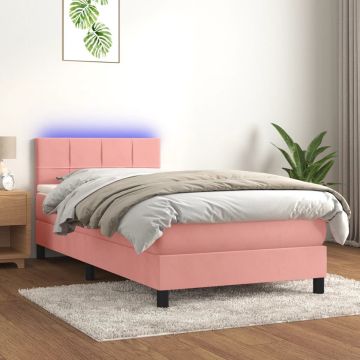 vidaXL Boxspring met matras en LED fluweel roze 90x200 cm