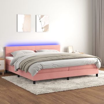 vidaXL Boxspring met matras en LED fluweel roze 200x200 cm