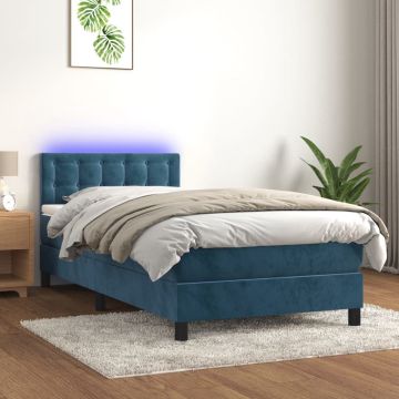 vidaXL Boxspring met matras en LED fluweel donkerblauw 90x200 cm