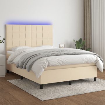 vidaXL Boxspring met matras en LED stof crèmekleurig 140x190 cm