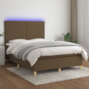 vidaXL Boxspring met matras en LED stof donkerbruin 140x190 cm