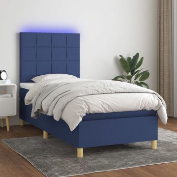 vidaXL Boxspring met matras en LED stof blauw 90x190 cm