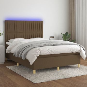 vidaXL Boxspring met matras en LED stof donkerbruin 140x190 cm