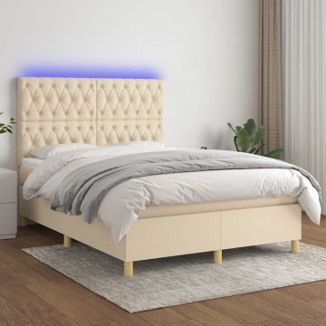 vidaXL Boxspring met matras en LED stof crèmekleurig 140x190 cm