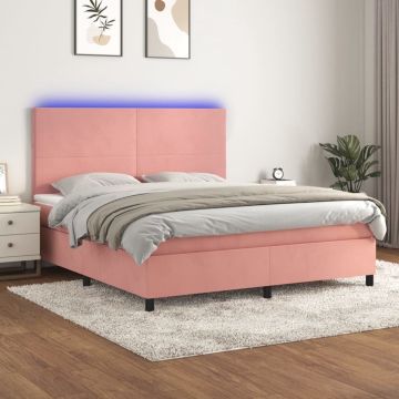 vidaXL Boxspring met matras en LED fluweel roze 160x200 cm