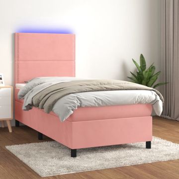 vidaXL Boxspring met matras en LED fluweel roze 100x200 cm