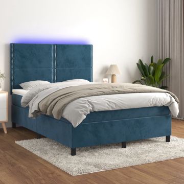 vidaXL Boxspring met matras en LED fluweel donkerblauw 140x200 cm