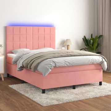 vidaXL Boxspring met matras en LED fluweel roze 140x190 cm