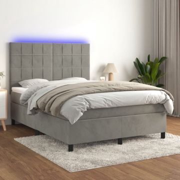 vidaXL Boxspring met matras en LED fluweel lichtgrijs 140x200 cm