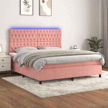 vidaXL Boxspring met matras en LED fluweel roze 180x200 cm