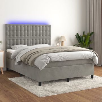 vidaXL Boxspring met matras en LED fluweel lichtgrijs 140x200 cm