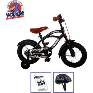 Volare Kinderfiets Black Cruiser - 12 inch - Zwart - Met fietshelm &amp; accessoires