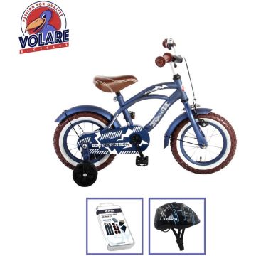 Volare Kinderfiets Blue Cruiser - 12 inch - Blauw - Met fietshelm &amp; accessoires