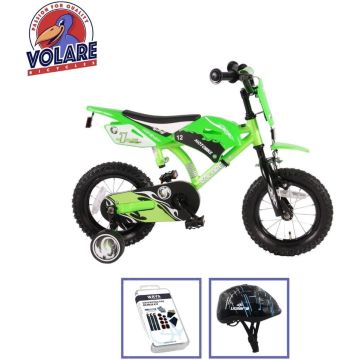 Volare Kinderfiets Motorbike - 12 inch - Groen - Met fietshelm &amp; accessoires