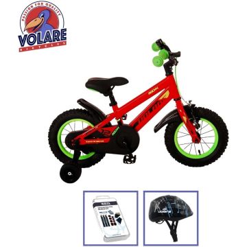 Volare Kinderfiets Rocky - 12 inch - Rood/Groen - Met fietshelm &amp; accessoires