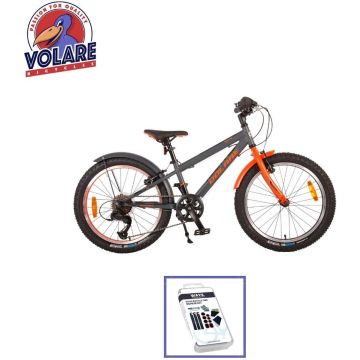 Volare Kinderfiets Rocky - 20 inch - Grijs/Oranje - 6 versnellingen - Inclusief WAYS Bandenplakset