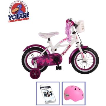 Volare Kinderfiets Heart Cruiser - 12 inch - Wit/Paars - Met fietshelm &amp; accessoires