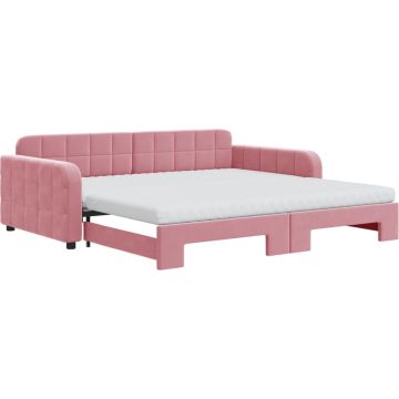 vidaXL-Slaapbank-onderschuifbed-en-matrassen-100x200-cm-fluweel-roze