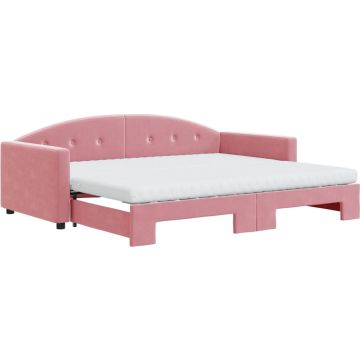 vidaXL-Slaapbank-onderschuifbed-en-matrassen-90x200-cm-fluweel-roze