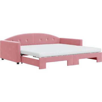 vidaXL-Slaapbank-onderschuifbed-en-matrassen-100x200-cm-fluweel-roze