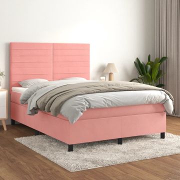 vidaXL Boxspring met matras fluweel roze 140x200 cm